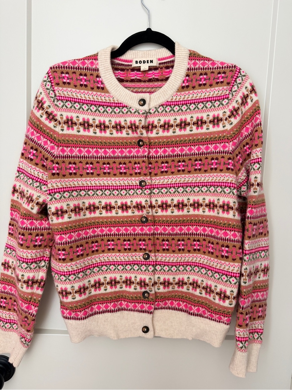 Boden Pink and Tan Fair Isle Button Cardigan